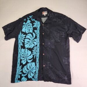 Hilo Hattie Hawaiian Original Black Tropical Leaf Print Rayon Shirt XL